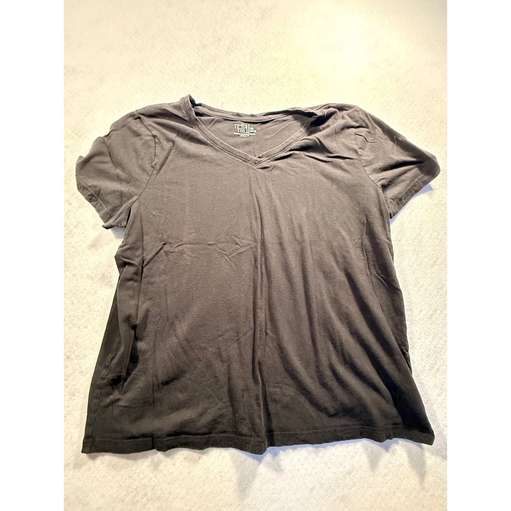 Time and Tru Womens Black V-Neck Short Sleeve T-Shirt 100% Cotton XL 16-18